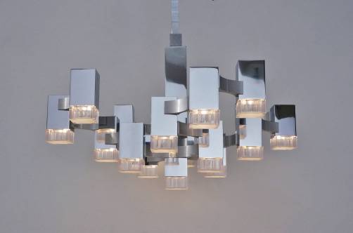 Sciolari cubic chandelier in chrome, 17 lights, 1970`s Italian